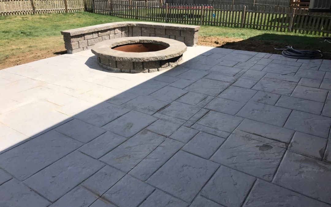 Stamped & Colored Concrete Patio, Fire Pit & Sitting Wall